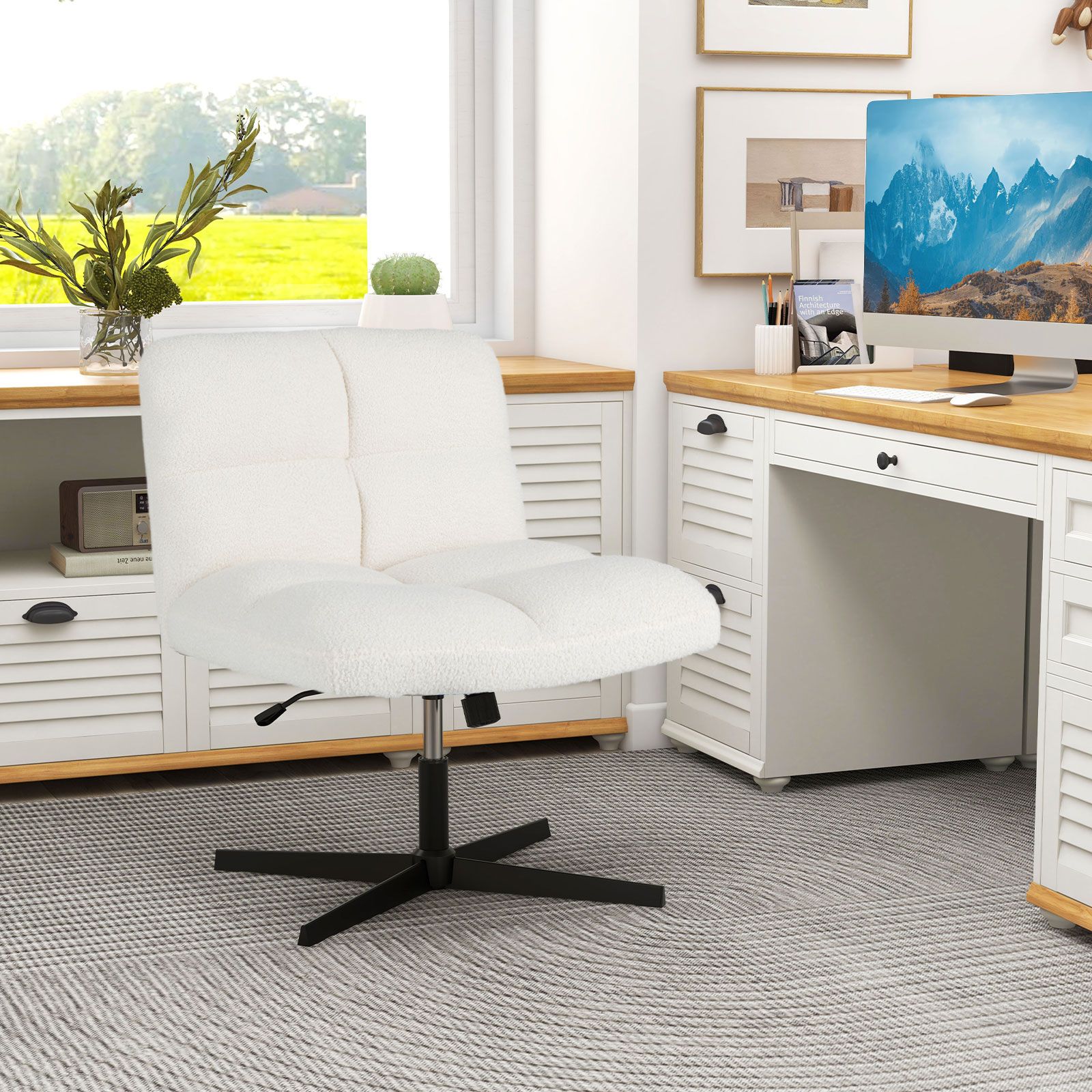 Adjustable Armless Office Chair with Imitation Lamb Fleece - Cream White